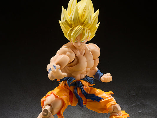Figura Bandai S.H.Figuarts - Son Goku The Legendary Super Saiyan (Dragon Ball Z) - Vista de perfil y caja