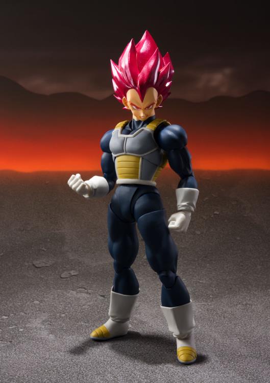Figura Bandai S.H.Figuarts - Vegeta Dios Blue And Red 15 Aniversario Jp - Vista de perfil y caja