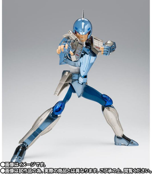 Figura Bandai Myth Cloth - Ushio De Pez Espada Acero Revival (Saint Seiya) - Vista de perfil y caja