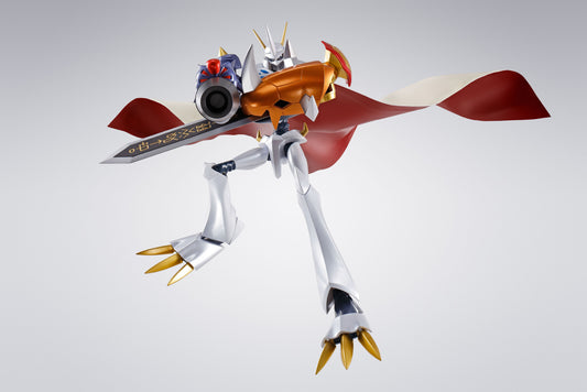 Figura Bandai S.H.Figuarts - Omegamon Premium Color Digimon - Vista de perfil y caja
