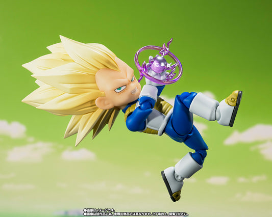 Figura Bandai S.H.Figuarts - Vegeta Super Saiyan 3 (Mini) Daima - Vista de perfil y caja